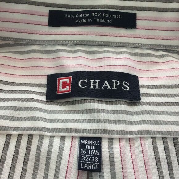 Chaps Men’s Size L Shirt Long Sleeve Wrinkle Free Button Up Pink & Gray Striped - Picture 3 of 9